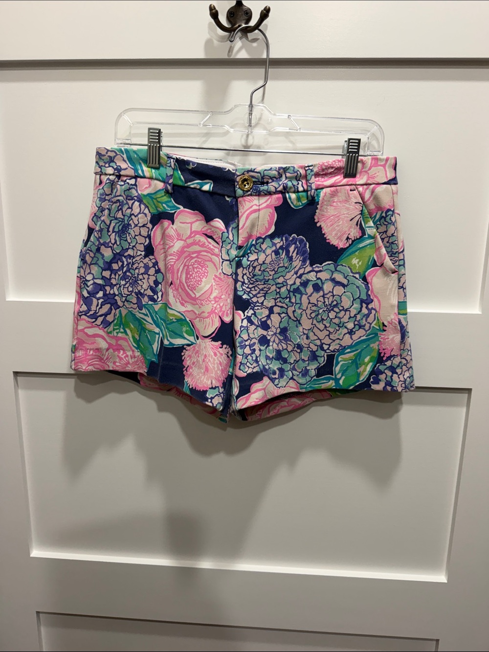 Lilly Pulitzer Navy Floral Cotton Bermuda Shorts with Pink & Green Print